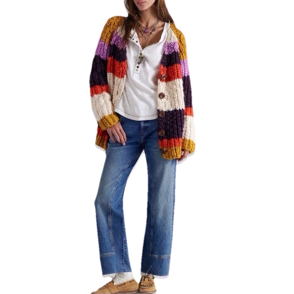 Free People Myles Stripe Cardi Colorful Striped Women's Sweater